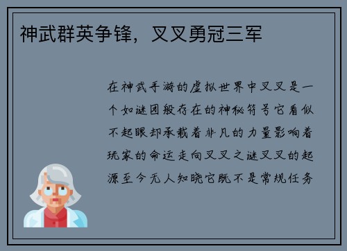 神武群英争锋，叉叉勇冠三军